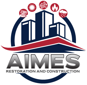 Logo of AIMES Restoration and Construction featuring a stylized city skyline with icons representing sun, wind, fire, rain, and building materials.